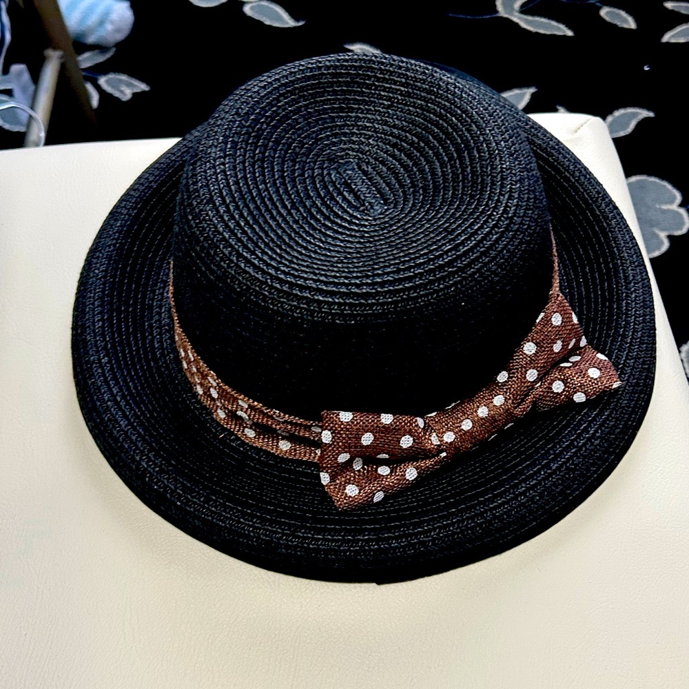 Straw Hat/ Brown/ /Black & White Dotted